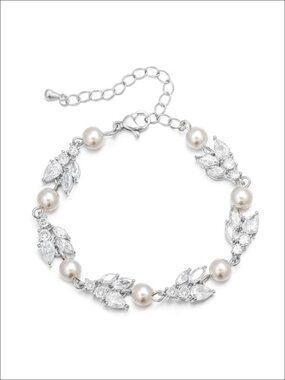 Simulated Pearl CZ Tennis Bracelet Leaf Bridal Jewelry for Women